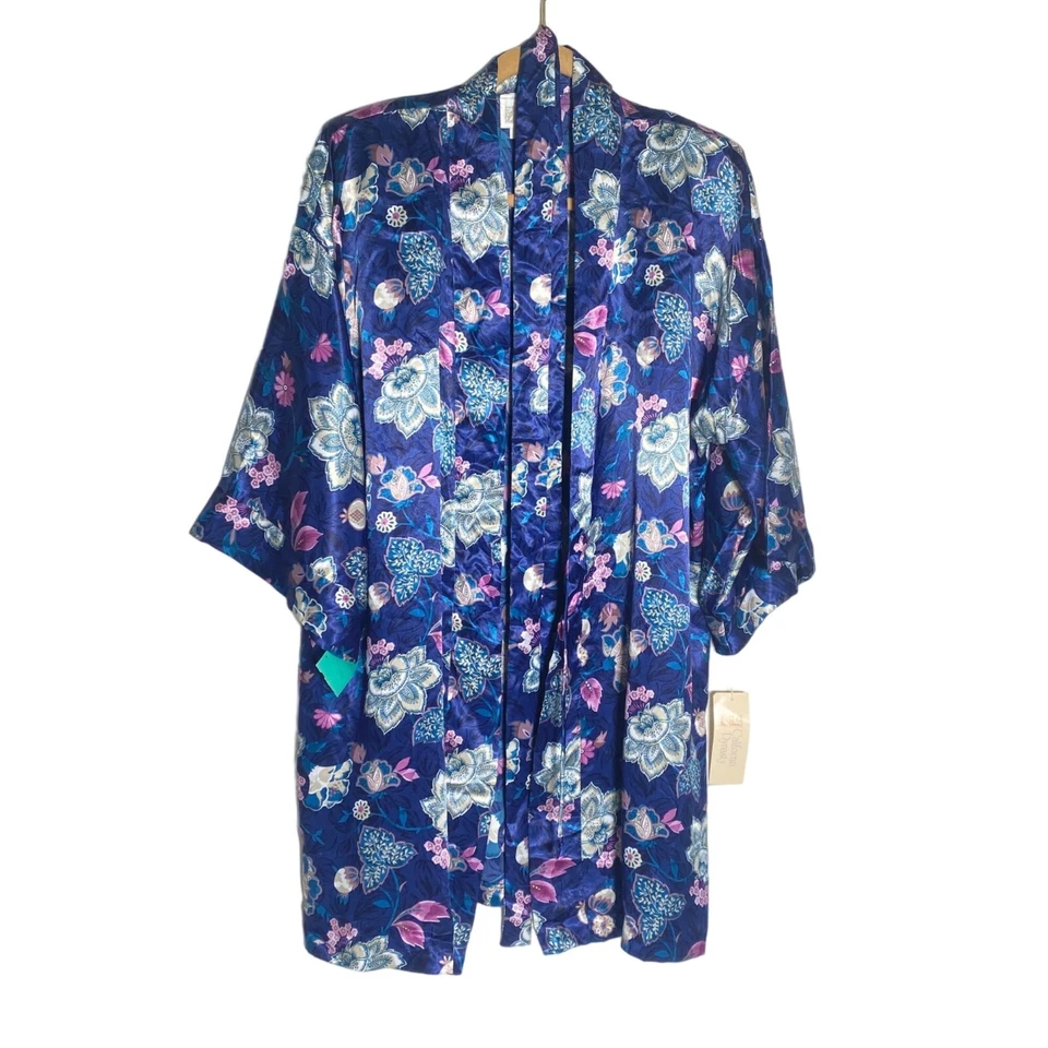 Vintage California Dynasty Slip & Robe Set Navy Blue Floral Silky Satin New Sz S - Image 1 of 4