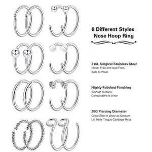 32Pcs Nose Ring Hoop Surgical Steel Bone Studs Piercing Jewelry for Women 20G - Picture 1 of 20