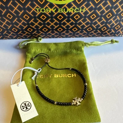 Authentic Tory Burch Black Textured Rope Logo Slider Bracelet MUST SEE - Image 1 of 4