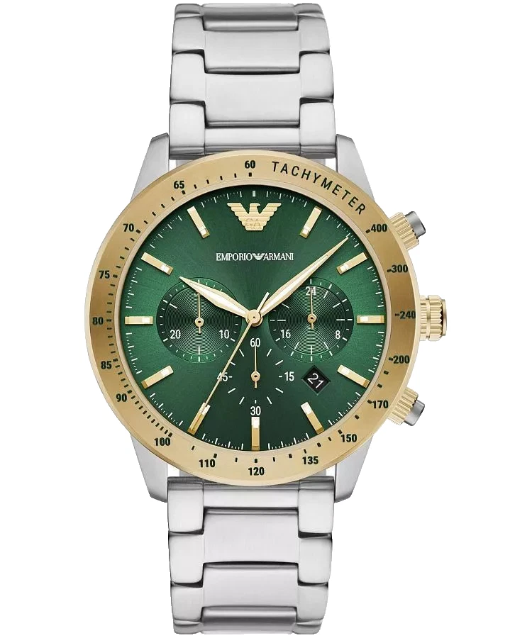 EMPORIO ARMANI MARIO CHRONOGRAPH AR11454 GREEN DIAL SILVER BREACELET MENS WATCH - Image 1 of 4