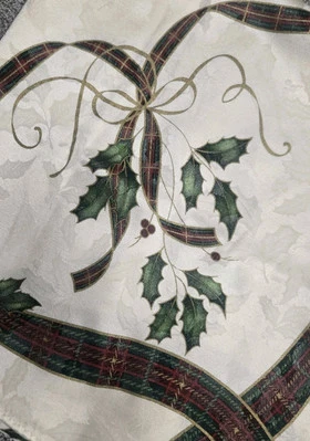 Lenox Holiday Nouveau Holly & Plaid Damask Tablecloth 80" X 115" Rectangular EUC - Image 1 of 4
