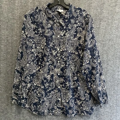 J Jill Top Women 2X Blue Floral Button Up Shirt Lightweight Cotton Office Preppy - image 1 of 4