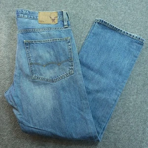 American Eagle Relaxed Straight Jeans Sz 31x30 Blue Whiskered Fits 34x29½ *Hole - Picture 1 of 18