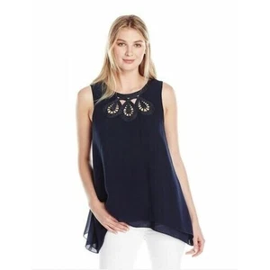 Lark & Ro Damen marineblaue ärmellose Bluse mit besticktem Ausschnitt Large - Bild 1 von 3
