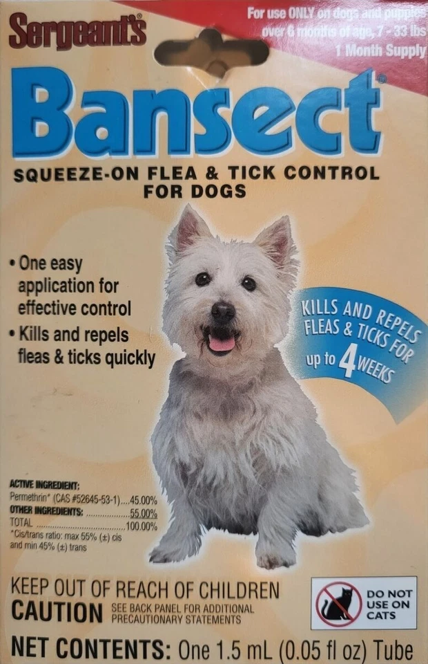 6 X Sergeant's Bansect Squeeze-on Flea and Tick Control for Dogs up to 33lbs