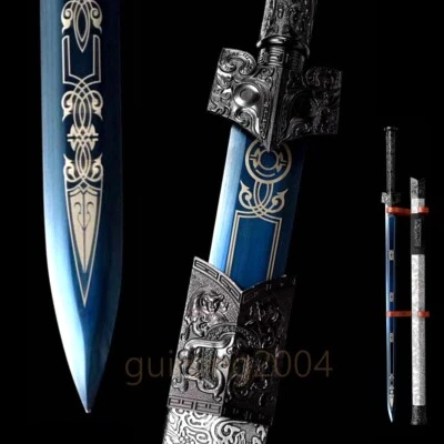 Hand Forged Chinese Double Edged Sword Real Kung Fu Blue 1095 Carbon Steel Blade - Image 1 of 4