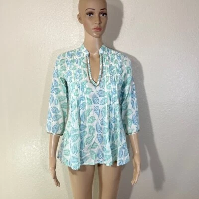 Roberta Roller Rabbit Green White Leaf Print Embellished V Neck Blouse Top XS - Image 1 of 4