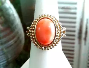 DARK PINK CORAL SOLID 14KT YELLOW GOLD RING SIZE 7.25 - 8.1gm - Picture 1 of 10