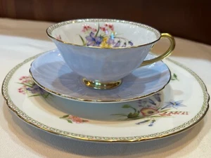 Shelley Trio Blue Oleander Tea Cup Saucer 8" Plate Wildflowers Bone China - Picture 1 of 21