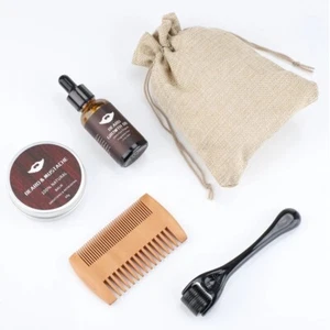 Men Beard Growth Kit Hair Oil Serum Mustache Derma Roller Boosts Balm Grooms Set - Picture 1 of 7
