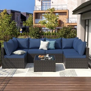 7 Pieces Patio Furniture Sets All Weather Outdoor Sectional Ratta Patio Sofa - Picture 1 of 7