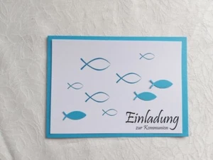 5x Einladung zur Kommunion blaue Doppelkarten mit Fische + Umschlag - Bild 1 von 3