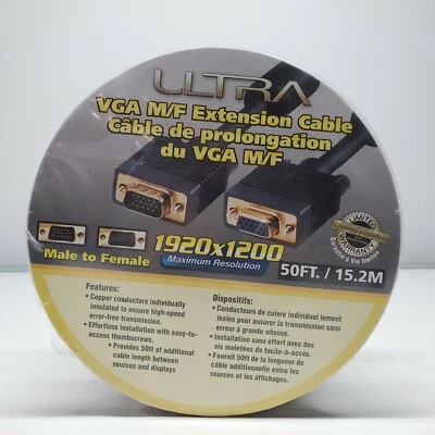 ULTRA VGA 50 ft Male Female Extension Cable 1920 X 1200 Gold Plated HD15 - Image 1 of 4