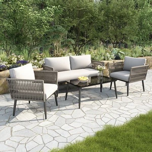 Gartenmöbel-Set aus Metall & PE-Seil 4 Personen Sitzgruppe Terrasse Balkon Möbel - Bild 1 von 18