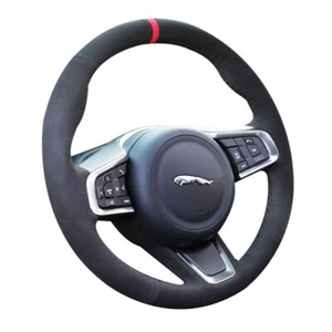 Black Suede Leather Steering Wheel Red Marker&Stitching Wrap For Jaguar XE 15-19 - Picture 1 of 10