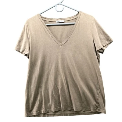 Zara Beige T Shirt Womens L Short Sleeve V-Neck Tee Tan Cotton Solid Basic - Image 1 of 4