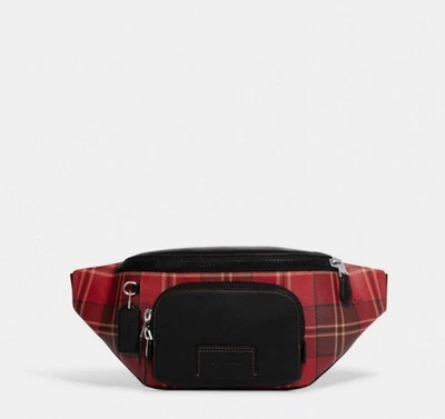 NUEVO CON ETIQUETAS COACH Bolso Cinturón de Pista con Estampado a Cuadros Tartán - Riñonera Negro/Rojo Vacaciones Foto 1 de 3