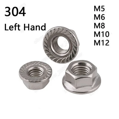 Left Hand Thread 304 Stainless Steel Hex Flange Nuts Serrated Lock Nut M5 M6-M12 - Image 1 of 4