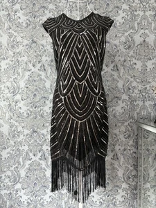 Ladies Stunning Art Deco Gatsby Black & Silver Sequin Party Dress (UK 10) - Picture 1 of 14