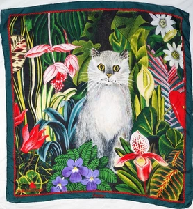 Vintage Beyeler by Gisela Buowberger 100% Silk Scarf Cat Flowers Art 83x86cm - Picture 1 of 9