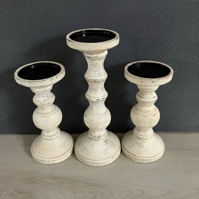 3 Shabby Chic Farmhouse Distressed White Wooden Candle Holders 1-10.5" & 2-8" - Image 1 of 4