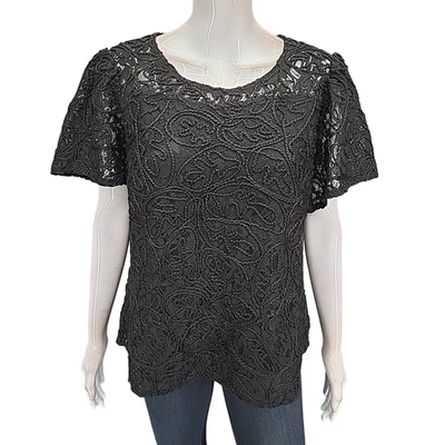 Blusa de encaje elegante negra talla mediana forrada para mujer con decoraciones frontales Foto 1 de 4