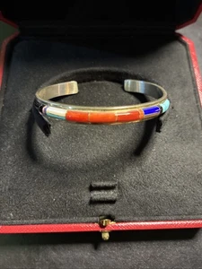 Native Lonjose Zuni Silver Turquoise, MOP Multi-Stone Inlay Cuff Bracelet - Picture 1 of 3