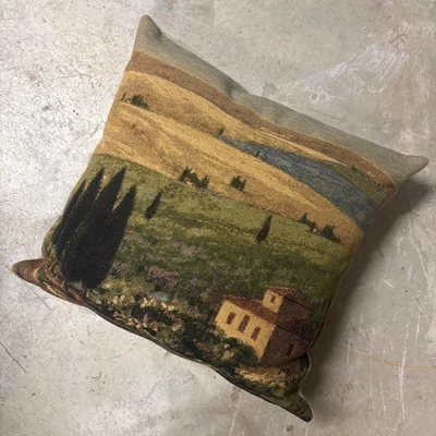 Tuscan Fields Tapestry Throw Pillow Square Cushion In Rustic Earth Tones - Image 1 of 4