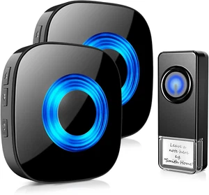 Wireless Doorbell 2 Receivers 1300Ft Coverage 58 Chimes 110Db LED Flash Black - Picture 1 of 12