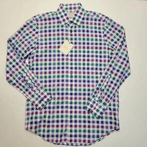 HAGEN CARMEL Men's Size Medium Blue Green Purple Check 100% COTTON Woven Shirt - Picture 1 of 4