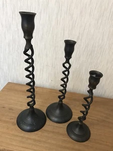 3 Ornate Twisted Spiral Dark Metal `Hints of Brass` Taper Candlesticks - Picture 1 of 7