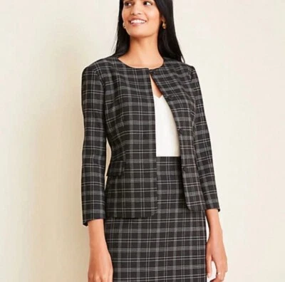 Ann Taylor NWT Petite Crewneck Jacket In Plaid - Black - Size 2P - Image 1 of 3