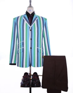 Mod Retro Indie 60s Sky Blue and Green Striped Blazer - Picture 1 of 6