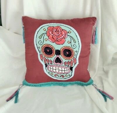 Handmade Cushion OOAK red suedette & blue sugar skull tapestry cross stitch - Image 1 of 4