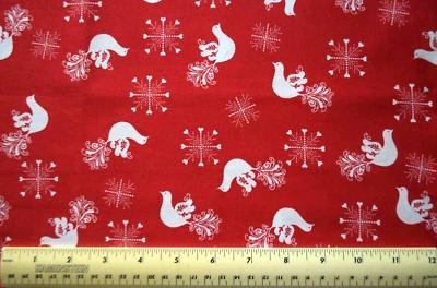 11" 100% cotton fabric Jo Ann Fabrics White Doves Snowflakes on Red Holiday - Image 1 of 2