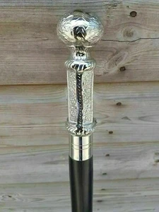 Wooden Walking Stick Cane Brass Embossed Pillar Handle Nickle Finish Handmade - Picture 1 of 6