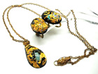 Vintage Pendant Necklace & Sb Earrings Set Black Lucite Real Gold Opal Flakes