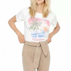 Pam & Gela Womens White Paradise Graphic Print Short Sleeve T-Shirt Size XS - Picture 1 of 9