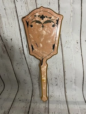 1930's Art Deco Handheld Vanity Mirror:Pearlized Peach Celluloid, Maybe Bakelite - Image 1 of 4
