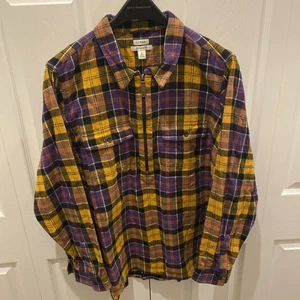 LL Bean Flannel Shirt Women’s 3X Relaxed 1/4 Zip Yellow Purple Plaid Pullover - Picture 1 of 10