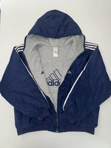 Vintage 90s Y2K Adidas Men’s Reversible Hooded Puffer Jacket XL Retro Navy Blue - Picture 1 of 9
