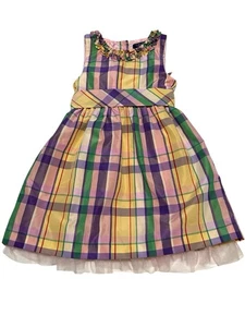 Chaps Dress Girls Size 6 Plaid Pink Yellow Purple Green Sleeveless Toddler Lined - Picture 1 of 14