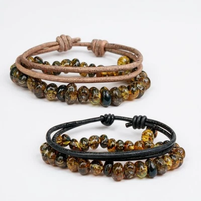 2er Set Lederarmband mit Bernstein | Handgemacht | Verstellbar | Unisex Boho - Bild 1 von 4