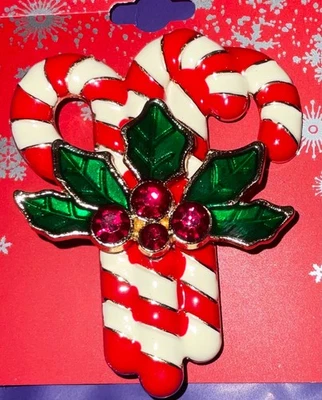 Prendedor de bastones de caramelo de vacaciones de Navidad con piedras rojas de imitación - Nuevo de Lote Antiguo Foto 1 de 2