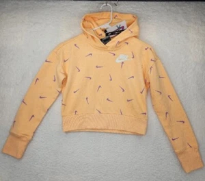 Nike Girls Youth Hoodie Size Medium Orange Cropped Allover Print Swoosh CZ2566 - Picture 1 of 5