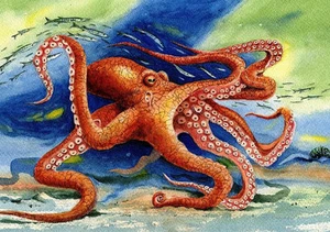 Oktopus Aquarell Gemälde Bild 8X10 Beste Stranddeko Kunstdruck Barry Singer - Bild 1 von 3