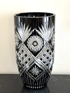 Stunning Czech Bohemian Black Cut to Clear Crystal Vase - Picture 1 of 8