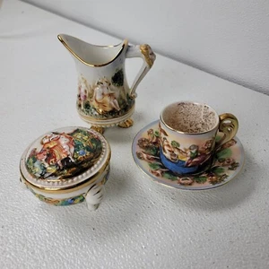 Capodimonte Lot Creamer Lidded Dish Cup Saucer Relief Cherub Colorful Italian - Picture 1 of 9