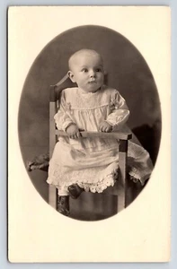Postcard Unidentified RPPC, Little Girl Child Crocheted White Dress Wood Chair  - Picture 1 of 2