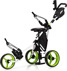 Golf Push Pull Cart with Seat, Lightweight Foldable Collapsible 3 Wheels Golf Pu - Picture 1 of 9